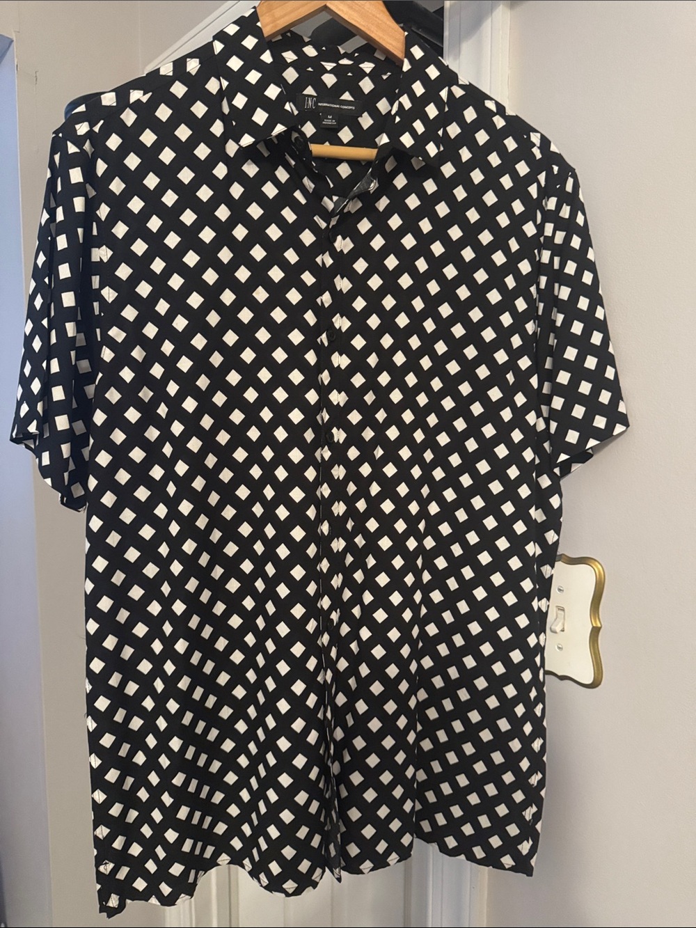INC International Concepts Black & White Geometric Button-Down Shirt